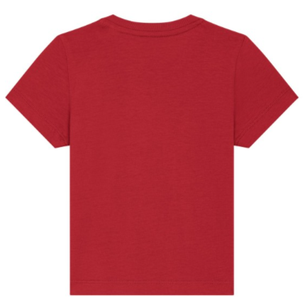 De achterkant van een baby T-shirt in de kleur rood